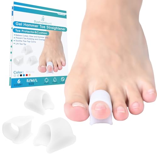 Byehambuni Hammer Toe Straightener 6 Pack Hammer Toe Corrector for Women Gel Toe Straighteners for Curled Crooked Bent Claw Hammertoes for Women and Men 3 Different Sizes (White)