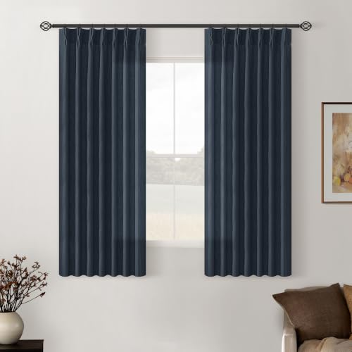 Image of Navy Short Linen Curtains 45 Inch Length 2 Panel Set for Small Windows Dark Blue Linen Cotton Light Filtering Drapes Privacy Pinch Pleated Back Tab Semi Sheer Kitchen Curtains 45 Inches Long