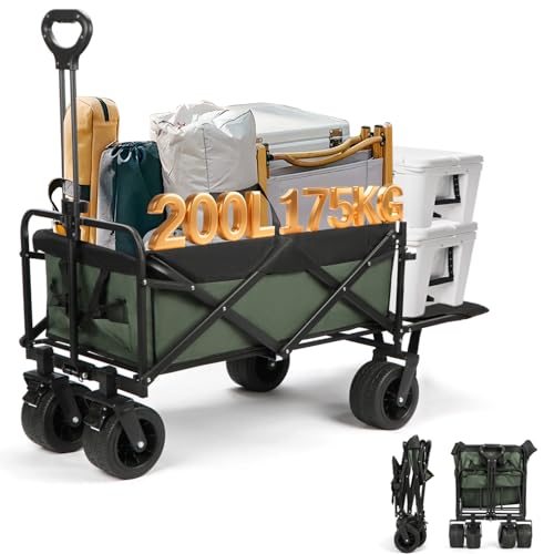 キャリーワゴン 【2025強化版 大容量200L 耐荷重175kg 後部展開可】 アウトドアワゴン 大型 キャンプ カート ブレーキ付き コンパクト収納 こども乗せれる 軽量 10cmワイドタイヤ搭載 折りたたみキャリーカート BBQ/釣り/キャンプ/ショッピング/運動会/引っ越しなどに