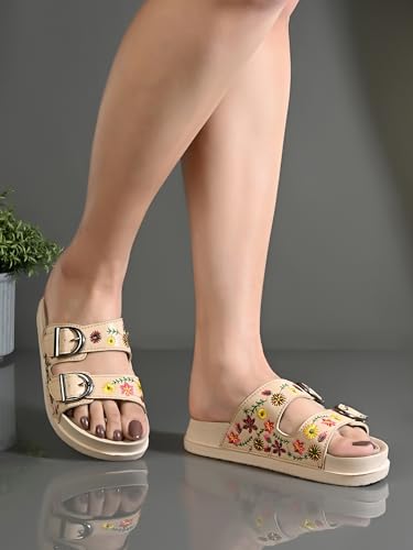 Image of Women Floral Double Strap Buckle Slides | Embroidered Casual Slip-On Sandals for Girls | Lightweight Anti-Slip Comfortable Everyday Wear Flats