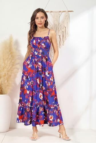 Image of GRACE KARIN Summer Dresses for Women 2026 Vacation,Smocked Floral Maxi Dress,Boho Beach Sundress with Pocket Fashion Clothing