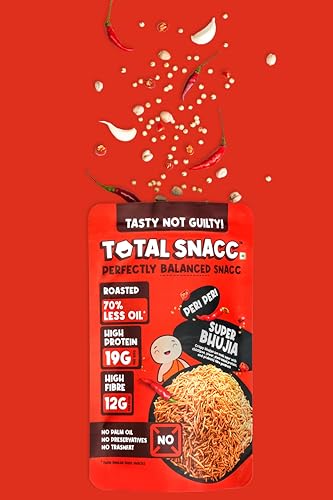 Image of TOTAL SNACC Roasted Bhujia Peri Peri (125g x 4 Packs) | High Protein 19g , High Fibre 12g | 70% Less Oil | No Palm Oil | Healthy Snacks | High Protein Snacks | Millet Bhujiya | Baked Bhujia Sev | Baked Namkeen | Diabetic Friendly | Low Calorie