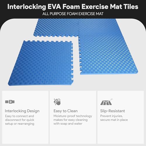 BalanceFrom Puzzle Exercise Mat 1" Thick, EVA Interlocking Foam Floor Tiles for Home Gym, Mat for Home Workout Equipment, Floor Padding for Kids, Blue, 24 in x 24 in x 1 in, 24 Sq Ft - 6 Tiles