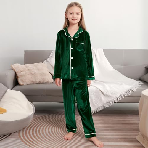 Weixinbuy Girls Velvet Pajamas Set Long Sleeve Solid Laple Pajama Button-Up Sleepwear 4-14Y Kids Fall Winter Clothes Outfits3