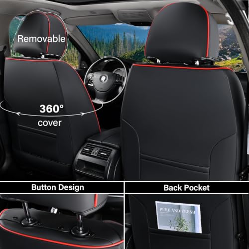 Image of Coverado Car Seat Covers Full Set, 5 Piece Car Seat Protector with Removable Headrest, Nappa Leather Breathable Front Rear Seat Cushion Side All Wrapped Universal Fit Truck Most Cars (Black & Red)