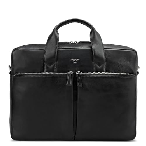 Image of Da Milano Genuine Leather Laptop Bag for Men & Women | Black Office Briefcase Fits 14 inch Laptop | Professional Work Bag with Card Slots, Zip Pockets & Detachable Shoulder Strap