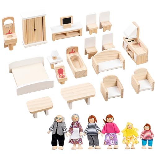 Meubles de maison de poupée en bois avec 6 poupées de famille pour jouer au quotidien