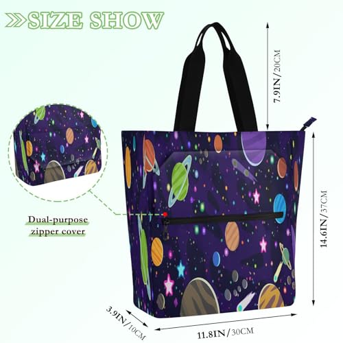 Cartoon Planet Book Tote Bag,Large Capacity Handbag with Zipper Perfect for School,Travel,Shopping2