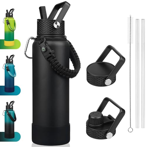 Image of BJPKPK 40oz Insulated Water Bottle with 3 Lids, Straw Lid & Handle