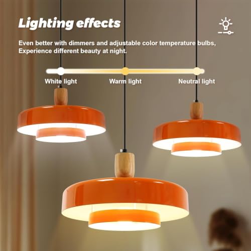 Image of Mid Century Orange Hanging Pendant Light, 2‑Tier Metal Hanging Lamp