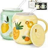 Tlence 2 Pack Cute Ceramic Coffee Mugs with Lid and Straw, 13 OZ Pineapple Lemon Summer Mug Set with Handle, Kawaii Fruit Cups for Coffee Lover, Lemon Gifts