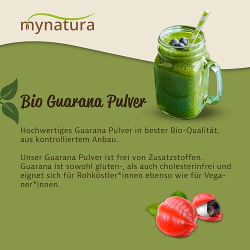 Mynatura Bio Guarana Pulver 250g I Glutenfrei I Energie I 100% Pflanzlich I Naturprodukt I Smoothie I Saft I Energizer I DE-ÖKO-044 I Vitamin B1 250g (1 x 250g)