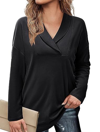 Image of Women's Long Sleeve Tops Fall Shawl Neck Tunic Tops for Leggings Casual Blouse Sweatshirt