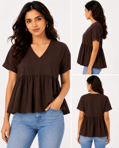 Image of Women's Black Button-Front Peplum Top - Short Sleeve V-Neck Casual Blouse, Lightweight Rayon Cotton, Everyday Wear, Summer & Work Outfit