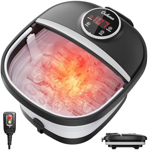 GEHONA Collapsible Foot Spa Bath with Heat,Foot Massager with Two Side Supports,Leakage Protector,Temperature Control,Bubbles,Red Light,Timer,Feet Spa Tub,Feet Soaker,Gifts (Black)
