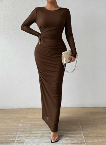 Image of LIGHT DOT Women's Printed Bodycon Maxi Dress Long Sleeve Tie Dye Mesh Ruched Cocktail Dress