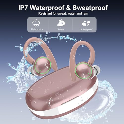 Image of PEFUPEW Wireless Earbuds, Bluetooth 5.4 Headphones Sport, Over Ear Buds with ENC Noise Cancelling Mic, 48H, Wireless Earphone with Earhooks, Stereo Deep Bass, IP7 Waterproof for Workout Running, Rose