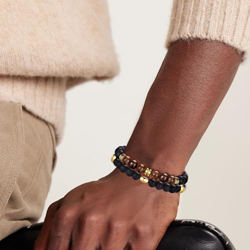 RANKEEF Tiger Eye Bracelet For Men 8MM Natural Stone Beads Bracelet Set Stretch Lava Rock Bracelets Adjustable Black Crystal Beaded Bracelet for Men Women Gifts