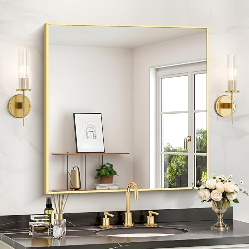 Image of COFENY Gold Bathroom Mirror for Wall, 30x30 Inch Square Mirrors with Metal Frame, Modern Vanity Wall Mirror Decor for Bathroom Living Room, Entryway Hangs Horizontal or Vertical