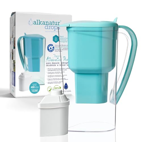 Carafe Filtrante Charbon Actif Eau Maison Alkanatur avec Filtre Original Sans Resine Ajoute Magnesium Fabrication Europeenne pH 9 Capacité 1.4 Litres Water Filter Jug Hydrogène et Élimine Métaux