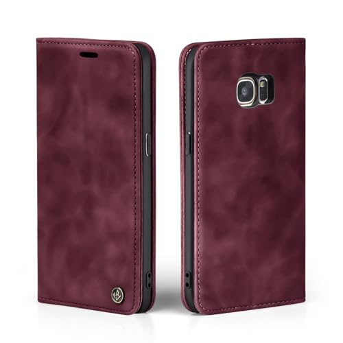LBH Handyhülle für Samsung Galaxy S7 in Weinrot mit Karten- und Geldfach Smartphone Hülle mit Standfunktion Flip Case Schutzhülle Magnetverschluss Vintage