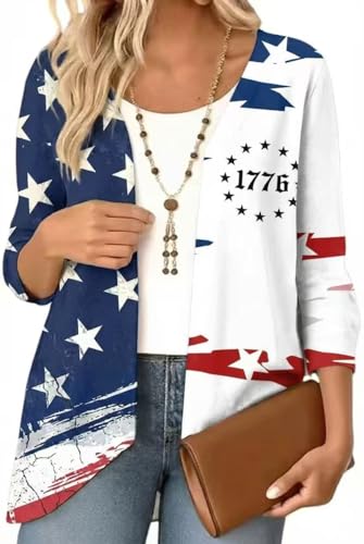 Beopjesk 3-4 Sleeve America Flag Cardigan for Women Summer 4th of July Independence Day Patriotic Kimono Cover Up Blouse Tops (US, Alpha, X-Large, Regular, Regular, C)