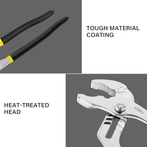 Image of Deli DL2610 10 inch Water Pump Plier with 6 Position Adjustment 45-48HRC Hardness Heat-Treated Head & High Torque Grip High-Carbon Steel for Plumbing Home and Mechanical Purpose (1Pc, Yellow)