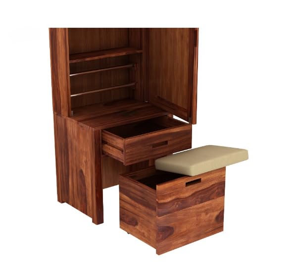 Image of Solid Wood Wooden Dressing Table for Bedroom with 1 Drawer Mirror and Huge Storage Space with Stool | Long Dresser Table with Mirror