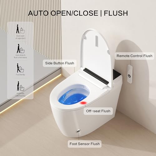 Smart Toilet with Built-In Bidet, Heated Seat, Dual Auto Flush, Warm Water & Dry Function, Tankless Design, Foot Sensor, Night Light, and Wireless Remote Control