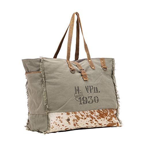 Myra Bag Viridescent Upcycled Canvas & Cowhide Weekender Bag S-14442