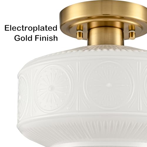 Image of DAYCENT Semi Flush Mount Ceiling Light Gold Modern Ceiling Lighting 9-Inch Vintage Globe Milk White Glass Hallway Light Fixtures Hardwired Small Brass Flush Mount Light for Bathroom Porch Entryway