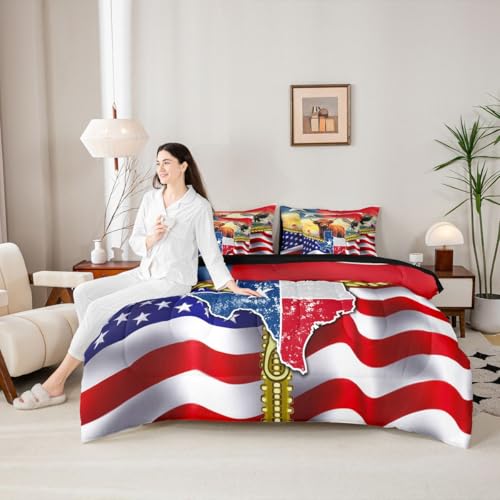 Image of Highland Cow Full Size Bed Sheets and Comforter Set American Flag Western 7-Piece Bedding Set Cowboys Gifts for Men Texas Star Bed in a Bag,Longhorn Bull Cattle Eagle Bed Sets,Red Blue Farmhouse Decor