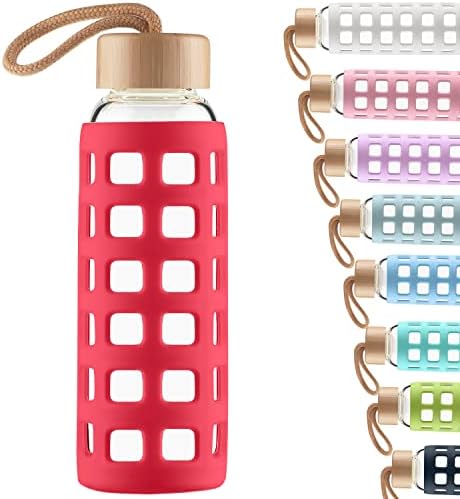 Cleesmil Sports Glass Water Bottle with Silicone Sleeve with Bamboo Lid BPA Free 660 ml (Magenta)