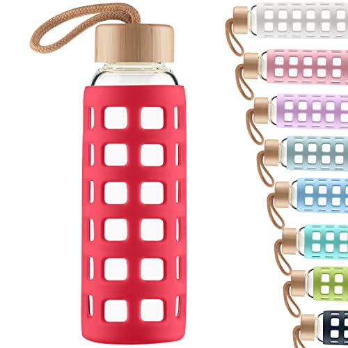 Cleesmil Sports Glass Water Bottle with Silicone Sleeve with Bamboo Lid BPA Free 360 ml (Magenta)