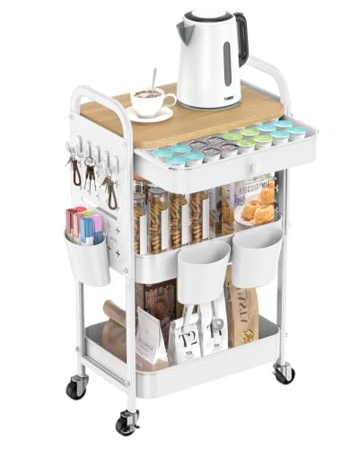 Image of ALVOROG 3 Tier Metal Rolling Cart with Drawer,Wood Top,Pegboards,White