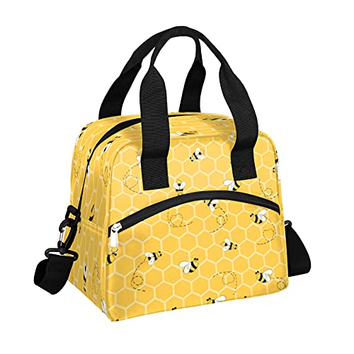 cfpolar Insulated Lunch Bag Cute Bee Check Lunch Box Reusable Leakproof Meal Prep Lunch Bag Cooler Tote Bag with Removable Adjustable Shoulder Strap for Women Men Travel Picnic Work School