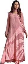 HKV Women's Long Georgette Chikankari Kurta Dress, Pink, Embroidered, Full Sleeve, Casual Wear