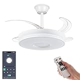 VENTILADOR TECHO LED APP MOVIL FACIL MONTAJE TECHO DC LED ATENUABLE RETRACTIL 4 ASPAS - Opción Sin Pitido, Temporizador, Invierno Verano, 3 Tonos, Modo Brisa, Bajo consumo (BLANCO NUEVO DISEÑO, 91)