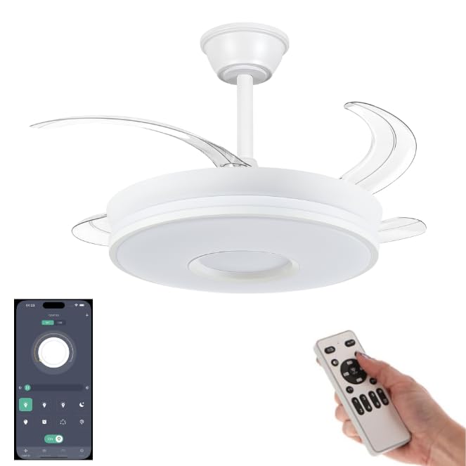 VENTILADOR TECHO LED APP MOVIL FACIL MONTAJE TECHO DC LED ATENUABLE RETRACTIL 4 ASPAS - Opción Sin Pitido, Temporizador, Invierno Verano, 3 Tonos, Modo Brisa, Bajo consumo (BLANCO NUEVO DISEÑO, 91)
