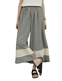 chouyatou Women's Elastic Waist Plaid Pants Lace Embroidery Patch Wide Leg Capri Palazzo Pants Gingham Culottes (Large, Black)