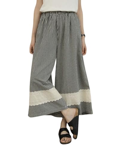 chouyatou Women's Elastic Waist Plaid Pants Lace Embroidery Patch Wide Leg Capri Palazzo Pants Gingham Culottes