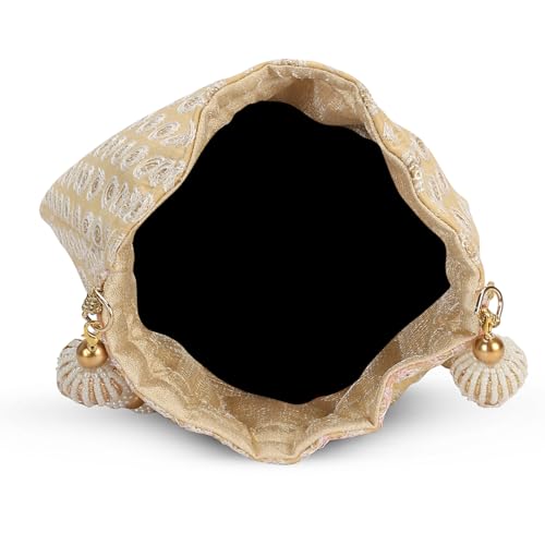 Image of LONGING TO BUY Indian Embroidered Pearl Potli Bag For Women, Sequence Design with Tassel, Wedding Potli Bags