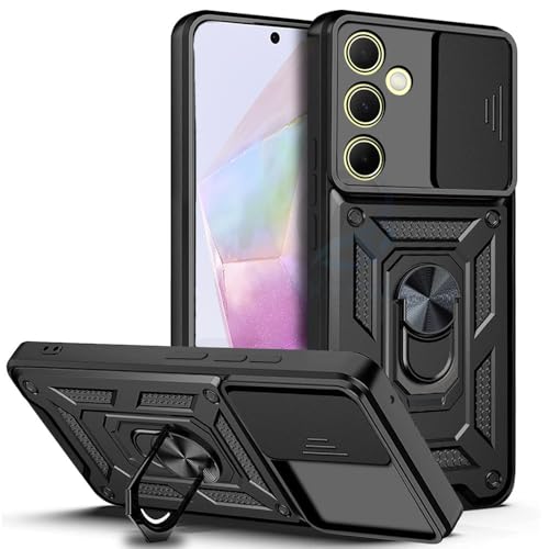 AESTMO Polycarbonate Tough Armor Samsung Galaxy A35 5G Bumper Back Case Cover | Ring Holder & Sliding Camera Shield Cover | 360 Degree Protection Back Case Cover for Samsung Galaxy A35 5G (Black)