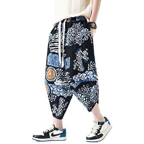 DOSLAVIDA Men's Casual Elastic Waist Linen Capri Pants Wide Leg Baggy Cotton Harem Yoga Trousers Loose Patchwork Shorts, B-black3, 3X-Large DOSLAVIDA Men's Casual Elastic Waist Linen Capri Pants Wide Leg Baggy Cotton Harem Yoga Trousers Loose Patchwork Shorts, B-black3, 3X-Large