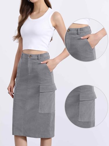 Image of Allegra K Corduroy Cargo Skirts for Women's High Waisted Elastic Back H Line 2025 Fall Midi Skirt