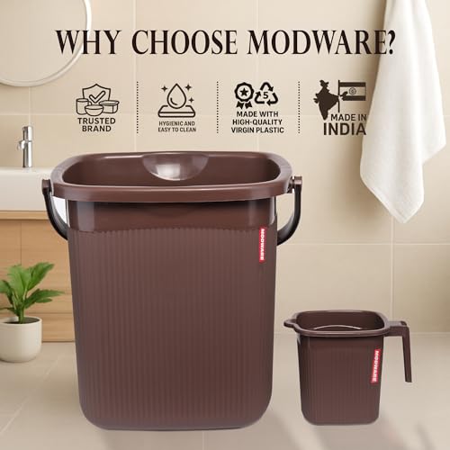 Image of Modware Square Ribbon Plastic Bucket Set with Mug | 18L Brown Bathroom Bucket with Handle + 1L Mug | Heavy-Duty Polypropylene + Co-Polymer | Stylish & Durable Bath Set (Brown)
