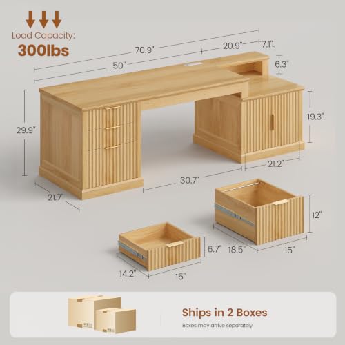 Image of SEDETA 70.9 inch Executive Desk, Fluted Office Desk with Drawers, Fluted Oak