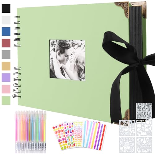 Album de Fotos Scrapbook Espiral, 80 Páginas Negras DIY Scrapbooking Album Set con 2Pcs Photo Corners, 6 Pegatinas, 5 Plantillas, 12 Rotuladores de Colores, para Boda, Aniversario, Cumpleaños, Navidad