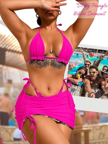 Image of ShawGobow Womens 3 Piece Leopard Bikini Set,Triangle String High Cut Thong Sexy Swimsuit & Coverup Skirt,Pool Party Outfit