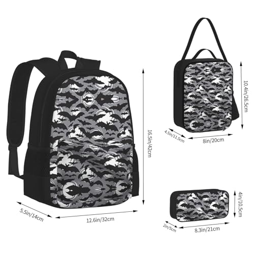 Halloween Bats Grey 3-Piece Set Backpack, Lunch Bag, And Pencil Case, Casual Cute Sets For Travel And College4
